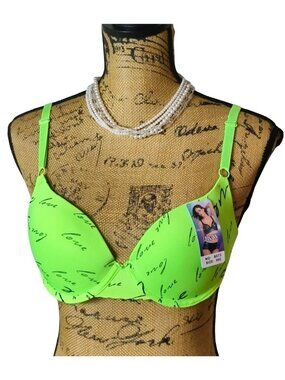 Womens 36C Bra LOVE Print Neon Green Underwire Ltly Padded Adjust Straps